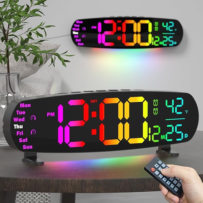 Large Digital Wall Clock, Desk Clock with Date Temperature, 11 RGB Colors, 10 Night Lights, Dual Alarm, Auto Dimming, Timer, 13.7" Digital Clock for Classroom, Bedroom, Living Room