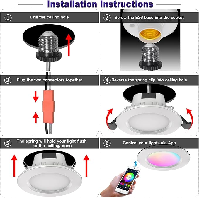 3" Smart Recessed Light 12Pack, Compatible with Alexa Google Home, WiFi & Bluetooth, RGBCW, 2700K~6500K CCT Selectable, Dimmeble, Multicolor, 3 Inch Remote Control Can-Killer LED Downlight