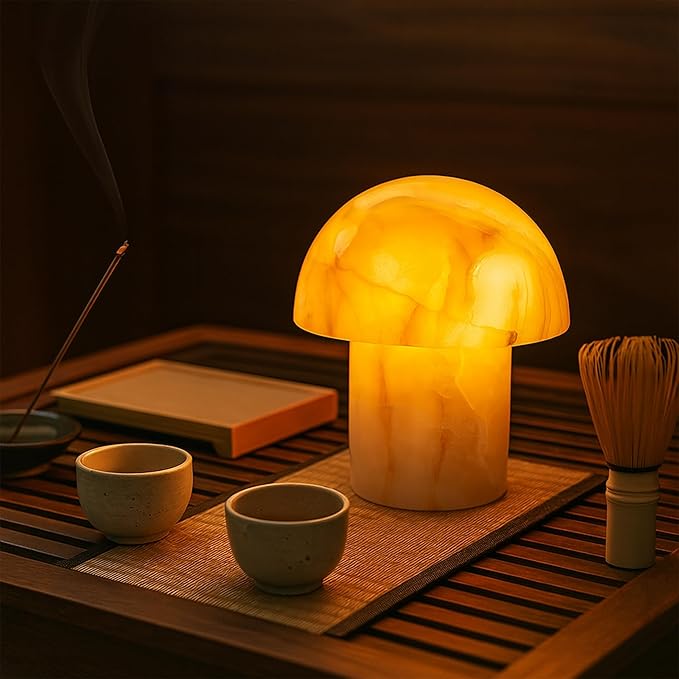 Marble Touch Table Lamp 4.3" x 4.7" – Natural Onyx Mushroom LED Night Light, Rechargeable Soft Glow Stone Bedside Lamp for Meditation, Yoga, Bedroom, Entryway Decor