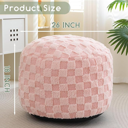 HIGOGOGO Round Stuffed Pouf Ottoman, Plaid Poufs with Foam Chunk Filling, Fluffy and Furry Pouf Foot Stool Storage Ottoman, 26 X 18 Floor Poufs Foot Rest for Living Room, Pink