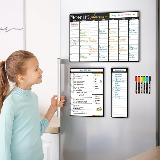 Magnetic Dry Erase Monthly Calendar Set - 17"x12" Monthly and 8.5"x12" Weekly Calendar, 4"x12" List Board for Fridge - 6 Extra Fine Point Dry Erase Markers Included - Shipped Flat