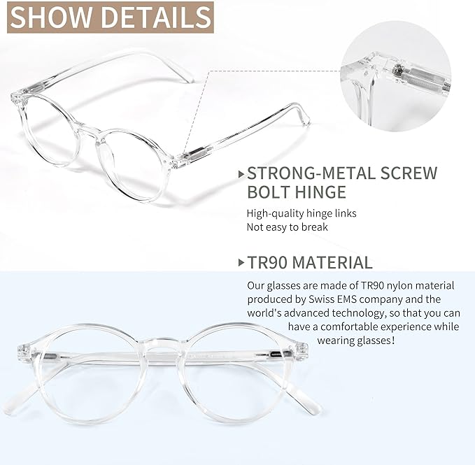 Blue Light Blocking Glasses Round Retro Computer Gaming Glasses Women Men UV Protection AB3303 (Clear)