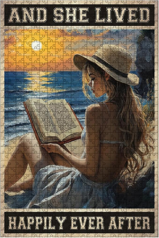 1000 Piece Wooden Jigsaw Puzzle and She Lived Happily Ever After Girl Reading Book Adults & Kids Time Killing Challenge Stress Relief Quiet Play for Rainy Days Long Car Rides 29.5x19.7 Inch