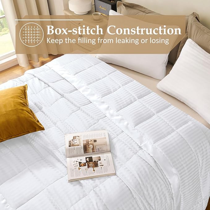 downluxe Queen Size Blanket with Satin Trim, Lightweight Down Alternative Blankets Queen Size for All Season, Machine Washable (White, 90x90 Inch)