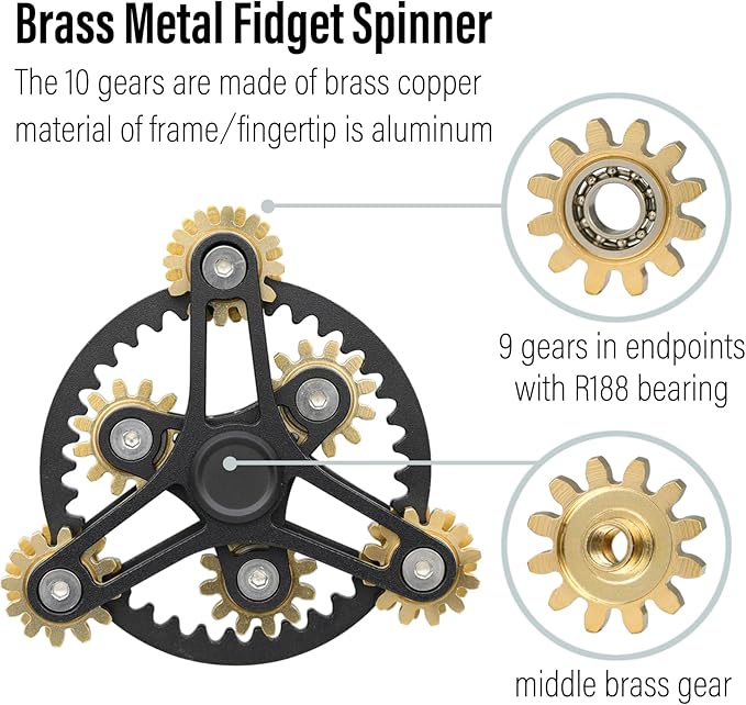FREELOVE Gear Metal Fidget Spinner Toys for Adults, Small Mini Tiny Pockget Figette, Bike Chain, Copper Brass Hands Gyro, Quiet Silent Cool Cube for Anxiety Men (Wheel 10 Gears Linkage, Black-Brass)