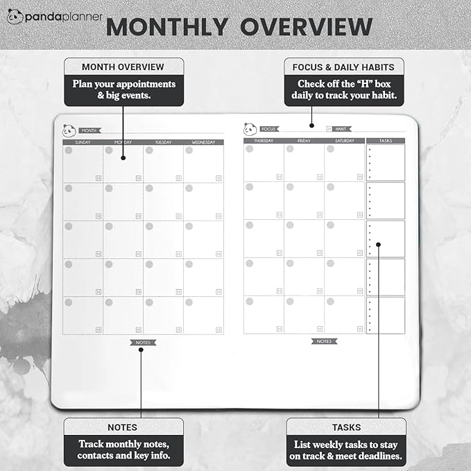 Panda Planner Undated Daily Planner - 90 Day Organization - Productivity For Entrepenuers - Set Goals - Bonus Weekly & Monthly Agenda - Grey - Hardcover
