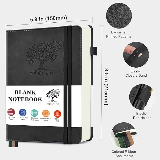 PERCUN Blank Journal Ntebook for Men & Women, 160 Pages Blank Journals for Writing, Drawing,Sketch Book,5.9" x 8.5" Leather Sketchbook, Unlined Notebook for Work, School, Art - Black