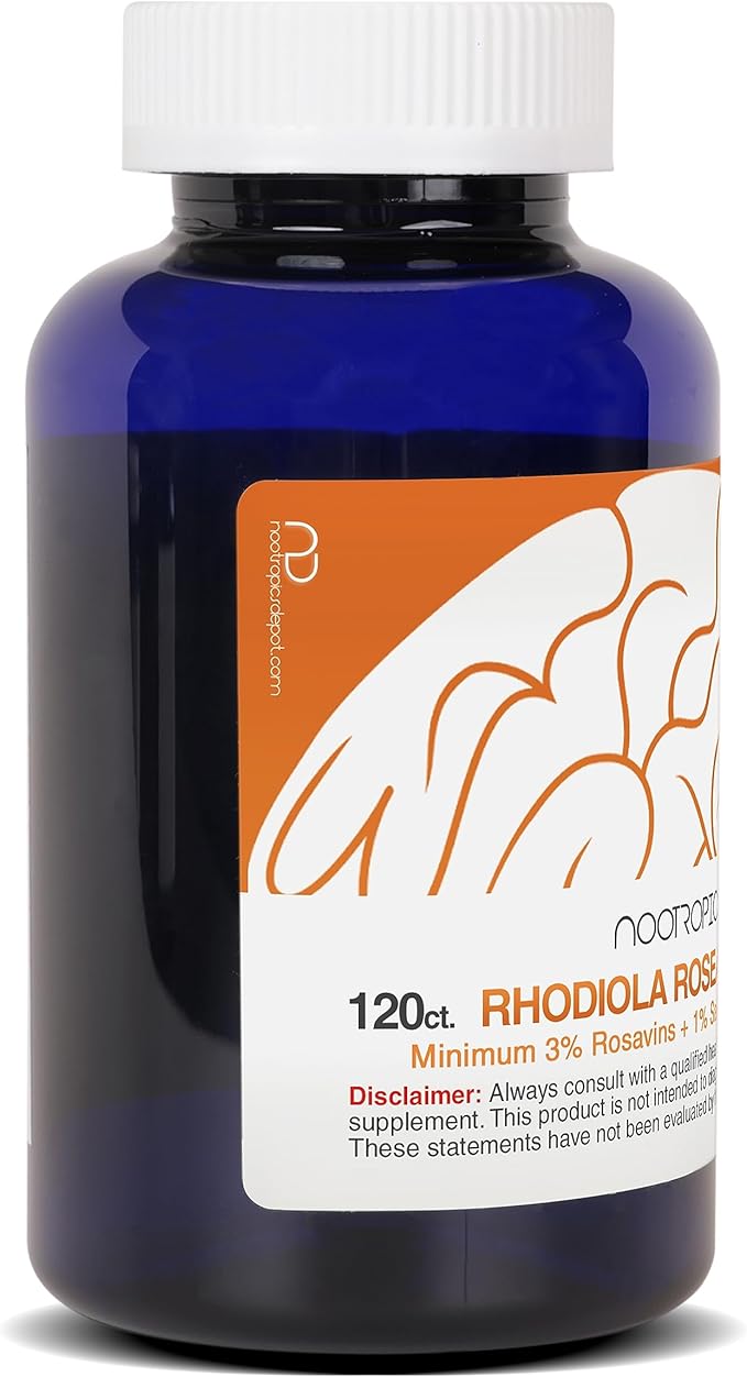 Nootropics Depot Rhodiola Rosea Capsules | 500mg | 3% Rosavins | 120 Count | Adaptogen Herb | Ayurvedic Supplement