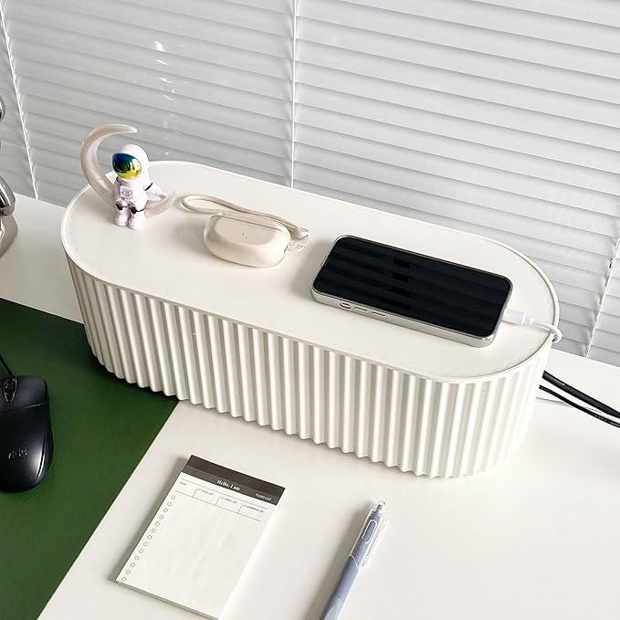 2 Pack White Cable Management Box, Plastic Cord Organizer Box Under Desk, Power Strips Hider for Home Office, Phone Charger, Electronics Wires, Surge Protector Cover Bin (Large)