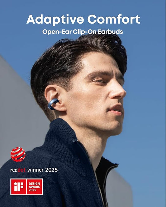Soundcore AeroClip by Anker, Open-Ear Earbuds, Clip-On Headphones, Adaptive Comfort, Clear Calls with 4 Mics and AI, Stable Fit, 12mm Drivers for Powerful Bass, Hi-Res, Open-Ring Design