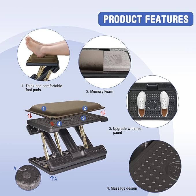 Foot Rest for Under Desk at Work 4-Level Height Adjustable, Lengthen Ergonomic Foldable Footrest for Office, Gaming,Computer, Soft & Removable Pad Desk Foot Stool for All Seasons (Brown Plus)