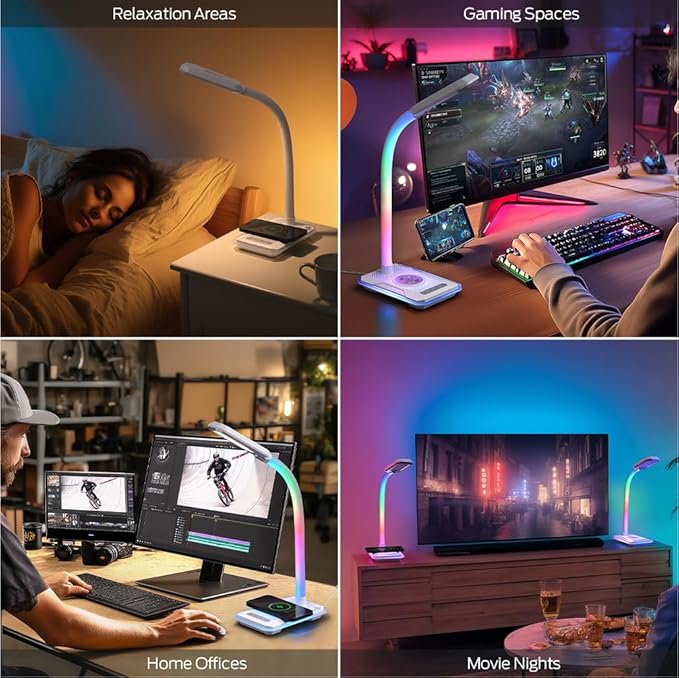 RGB Gaming Desk Lamp with Music Sync,Dimmable LED Lamp with Wireless Charging Station,USB Charging Port,Color Changing Touch Control Light for Gamer Room Decor,Reading,Office,Gift Ideas