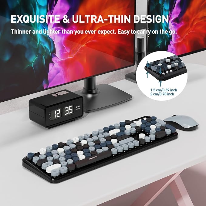 Keyboard and Mouse Wireless,Cute Retro Wireless Keyboard Mouse Combo with Round Key,2.4Ghz Dropout-Free Connection,Typewriter Keyboard Mouse Set for PC Laptop Desktop Computer-Grey Colorful