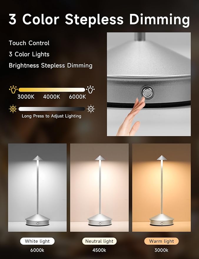 Cordless Table Lamps,LED Rechargeable Desk Lamp,Portable Modern USB Battery Operated Lights,Outdoor Waterproof Touch Dimmable,for Patio,Restaurant,Bar,Camping,Dining Home Set of 2 Silver