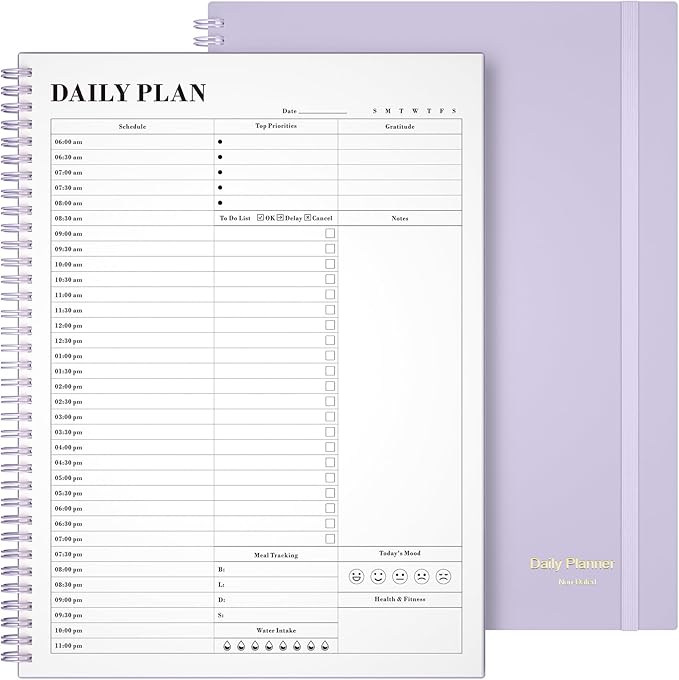 Planner Undated, Asten Daily Planner Agenda with To Do List, Hourly Planner for Women and Men, Spiral Appointment Book Planner Notebook with Elastic Closure, Day Planner for ADHD 8.5" x 11" (Purple)