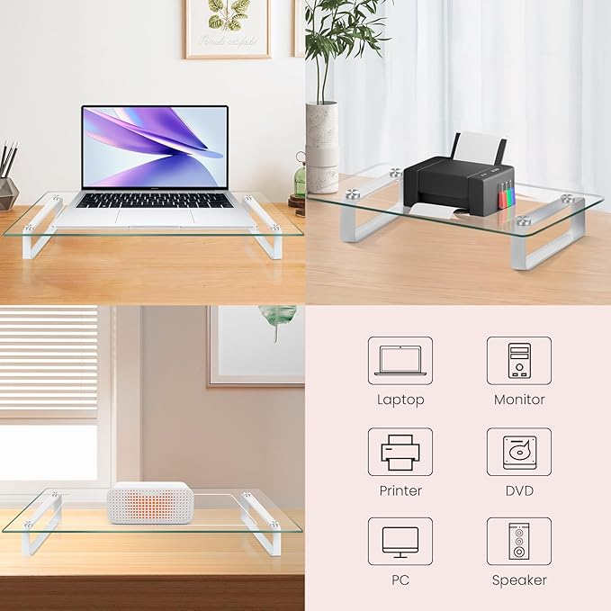 Glass Monitor Stand for Desk, 22Lx8Wx3.5H Inches, Clear Computer Monitor Riser, Large Monitor Stand for Laptop, Desk Organization, Office Supplies