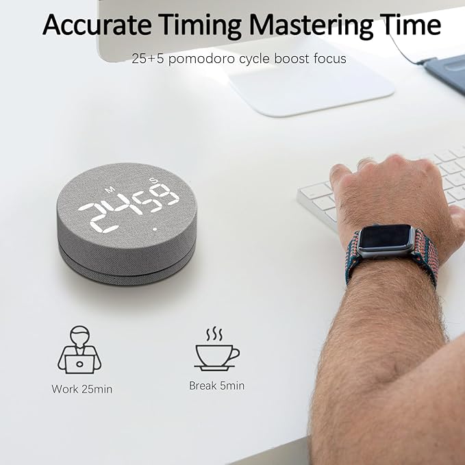 AVINIA Fabric Digital Kitchen Timer, Rechargeable with Large LED Display 0-99Mins, Magnetic Countdown Timers for Home Classroom Office Fitness Grey