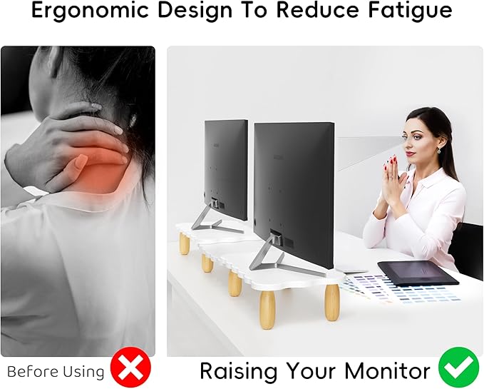 Dual Monitor Riser, Cookie-Shaped Adjustable Length & Swivel Angle, Wooden Desktop Organizer for 2 Monitors, Stand With Drawer for Laptop, PC, Computer, Printer, White