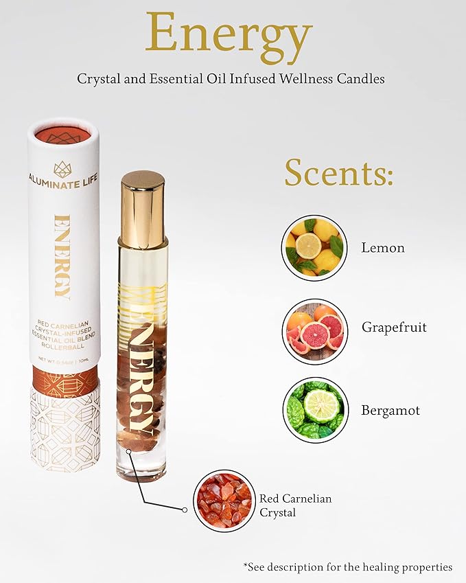 Essential Oil Rollerballs, .34 OZ, Energy - Red Carnelian Crystal Infused - Scents of Lemon, Grapefruit, & Bergamot - Aromatherapy Roll On Oils, Skin Care, Massage