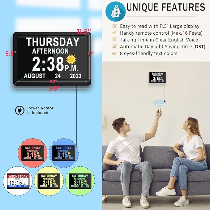 11.5 Inch Extra Large Digital Clock with 19 Alarms, Loud Talking Time, 20 Custom Reminders, Auto DST, 10-Level Auto Dimmer, Day Date Calendar Clock for Seniors Dementia Alzheimers', with Remote