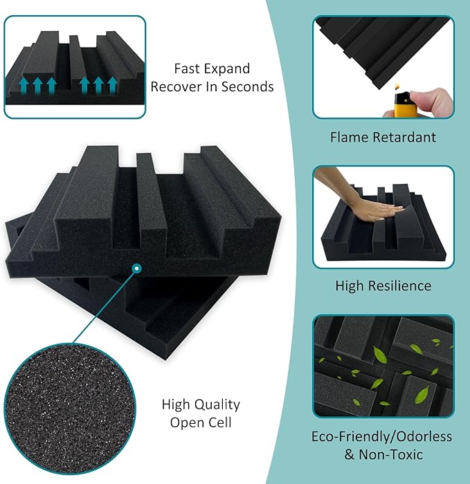 TroyStudio Thick Acoustic Foam Panels in Diffusion Pattern, 12 X 12 X 2 Inch 8 Pcs High Density Sound Absorbing Foam Diffuser Panel, Soundproof 3D Wall Padding Tile for Recording Studio Home Office