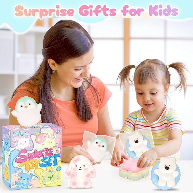 Squishy Fidget Toys 4Pcs, Cute Penguin Bunny Pool Dog Squeeze Sensory Toys for Kids Stress Relief Gifts Treasure Box Toys for Classroom Birthday Party Favors Easter Stocking Stuffers for Teens