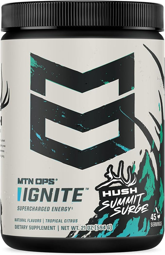 MTN OPS Ignite Energy Drink Powder, Gluten Free Nootropic Supplement Drink Mix, L Arginine, L Citrulline, Caffeine & Nootropic Sugar Free Drink Mix, 45 Servings, Hush Summit Surge