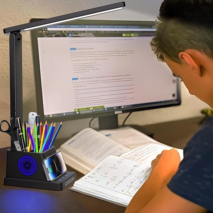 cozoo Desk Lamp,LED Desk Lamps for Home Office,Wireless Charger Small Desk Lamp with Pen Holder,Color Changing Nightlight,12 Lighting Modes,Desk Lamp for College Dorm Room,Desk Light,Nail Desk Lamp