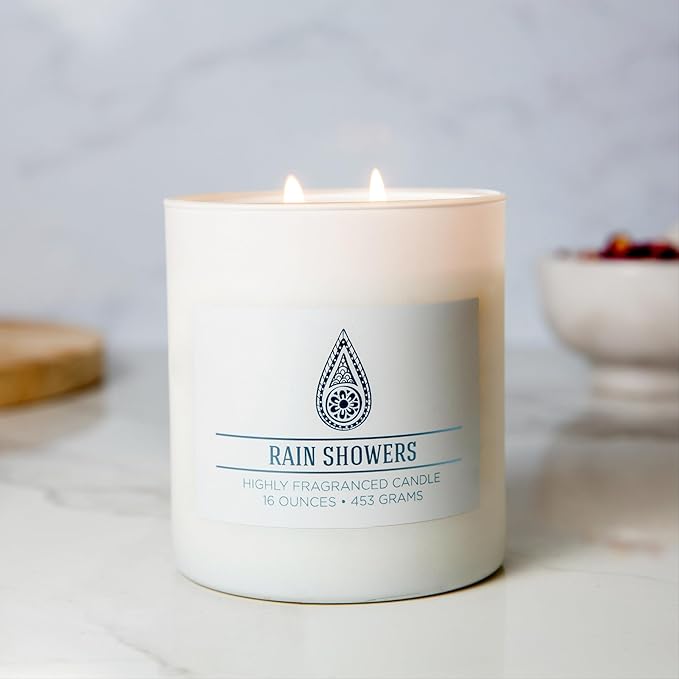 Carolina Rain Showers Scented Candle, 16 oz Wellness Relaxing Aromatherapy Candle, 2 Wick White Jar Soy Blend Wax, Candles for Home, 60H Burn - Made in The USA