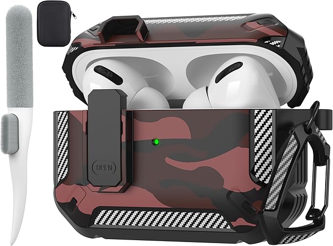 Maxjoy for AirPods Pro Case Cover with Lock, AirPods Pro 1st Generation Case for Men Military Rugged Protective Cover with Keychain Compatible with Apple AirPod Pros 2019 Front LED Visible, Red Camo