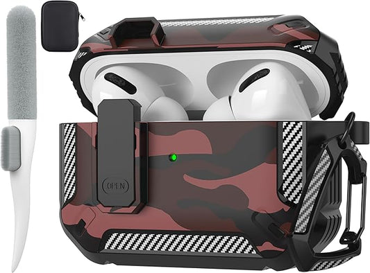 Maxjoy for AirPods Pro Case Cover with Lock, AirPods Pro 1st Generation Case for Men Military Rugged Protective Cover with Keychain Compatible with Apple AirPod Pros 2019 Front LED Visible, Red Camo
