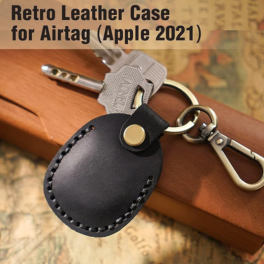 Genuine Leather Airtag Holder, Portable Air tag Keychain with Key Rings, Full Coverage Hidden Case Cover Compatible for Apple Airtag - Black