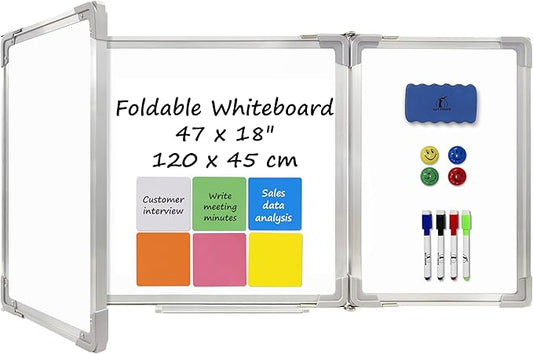 Whiteboard Set - Dry Erase Board 47 x 18 in with 1 Dry Wipe Eraser, 4 Markers, 4 Magnets and 6 Magnetic Notes - Large Vision Wall White Board for Home Office College
