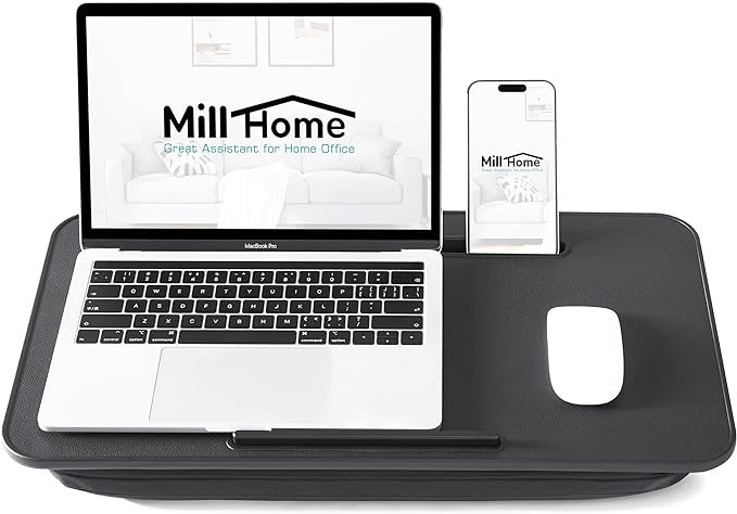 Lap Desk, Lap Desk with Cushion, Fits up to 17 inch Laptop, Pillow Designed, Portable Laptop Stand with Tray, Pad & Phone Holder, Home Office for Bed/Couch/Car/Reading/Writing,MillHome (Black)