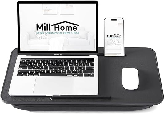 Lap Desk, Lap Desk with Cushion, Fits up to 17 inch Laptop, Pillow Designed, Portable Laptop Stand with Tray, Pad & Phone Holder, Home Office for Bed/Couch/Car/Reading/Writing,MillHome (Black)