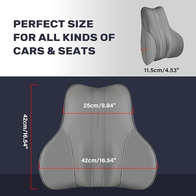 Coverado Lumbar Support Pillow for Car, Ergonomic Memory Foam Back Pillow for Office Chair, Back Cushion for Back Pain Relief, PU Leather Car Lumbar Support for Driving Seat - Gray