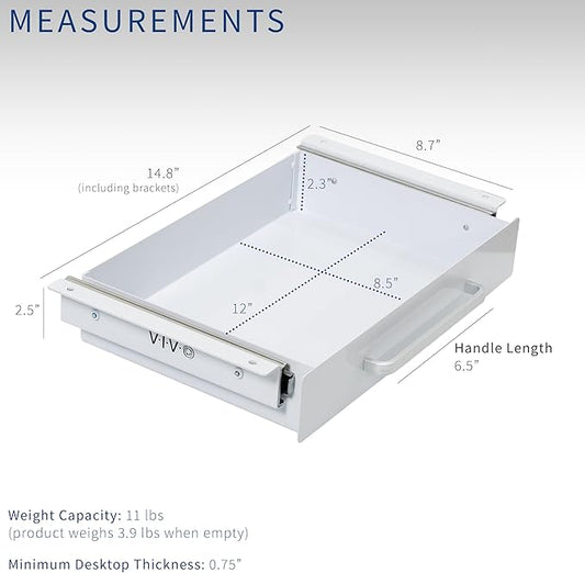 VIVO 13 inch Under Desk Slide Out Storage Organizer, Pull Handle Drawer, White, DESK-DR1H-W