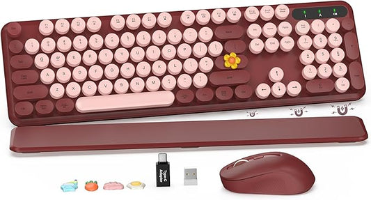 Wireless Keyboard and Mouse Combo - Retro Keyboard with Round Keycaps, Full-Size Typewriter Keyboard with Detachable Wrist Rest, 2.4GHz Connection for Mac/Windows/PC (Wine Red)