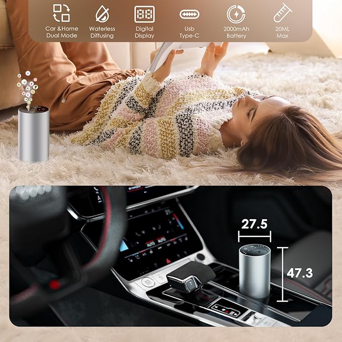 Waterless Essential Oil Diffuser, Portable Aromatherapy Diffuser, Mini Scent Machine, Battery Operated, 1/4/8-Hour Timer, 20ml Capacity, 3 Mist Levels for Home, Car, Room Office.No Included Oil(2pcs)