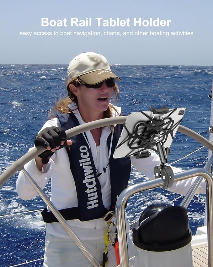 Boat Helm Tablet Mount, Marine Rail Tablet Holder with Aluminum Arm, 360° Adjustable Sailboat Pole Rod Handle Bar Clamp Mount for iPad Pro 13 12.9 11 Air Mini, Galaxy Tab, iPhone, 4-13" Device