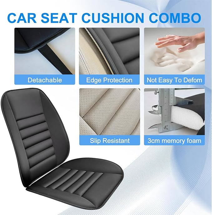 Car Seat Cushion with Back Support Pillow, 1.2'' Thick Enhanced Comfort Memory Foam Design for Pain Relief, Ideal for Drivers and Office Use - Ergonomic Lumbar Comfort for Long Sitting