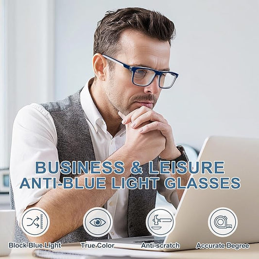 Missfive Premium Reading Glasses for Men, 4 Pack Unbreakable Blue Light Blocking Readers, Durable Spring Hinge Eyeglasses, Rectangular Computer Eyewear, Light Full Frame Glasses, Anti UV, 2.25x