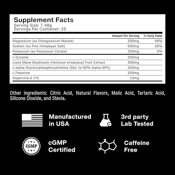 PRSNT Nootropic Drink Powder – Mango Flavor – Focus, Energy & Brain Boost Supplement – Lions Mane, Alpha GPC, L-Tyrosine, Magnesium, Electrolytes – 25 Servings, Caffeine-Free, Sugar-Free