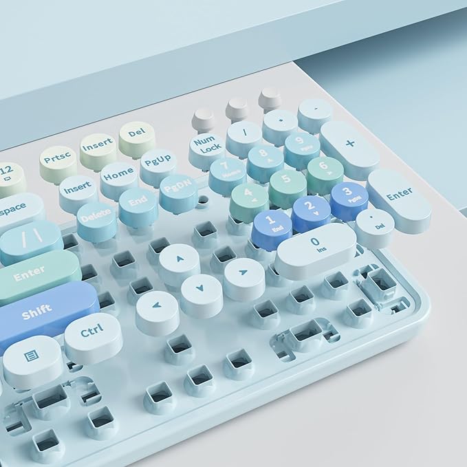 GTSP Cute Blue Keyboard and Mouse Wireless, Colorful Retro Typewriter Full-Size Aesthetic Office Keyboard 2.4GHz with Round Keycaps for Desktop Laptop and PC (Cute Blue)