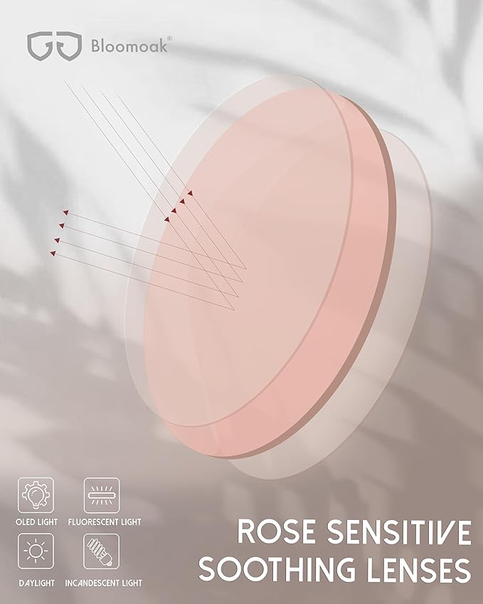 Bloomoak Rose Tinted Migraine Relief Glasses, FL- Flex Pink Light Sensitivity Glasses for Fluorescent LED Glare, Photophobia, Eye Strain