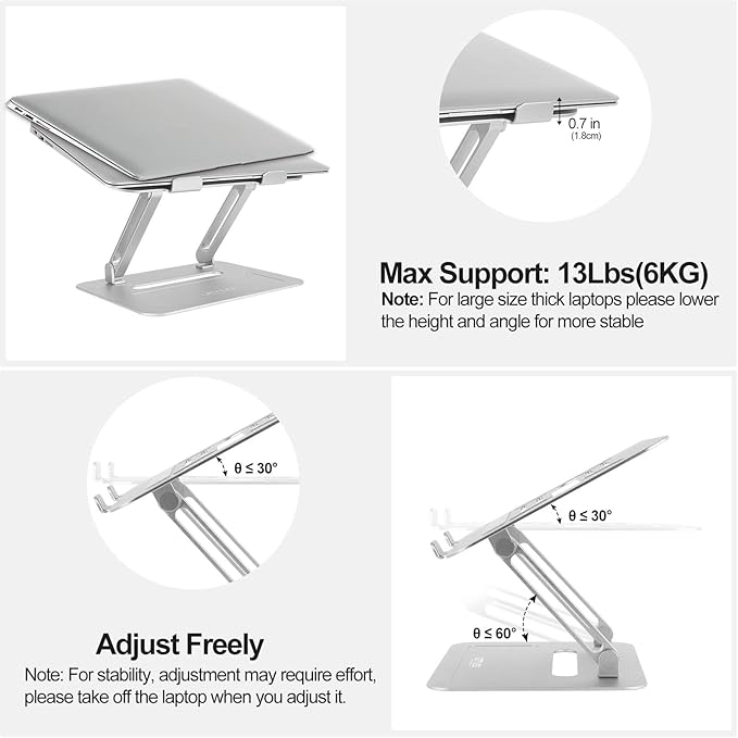 Urmust Adjustable Laptop Stand for Desk Aluminum Computer Stand for Laptop Riser Holder Notebook Stand Compatible with MacBook Air Pro Ultrabook All Laptops 11-17 inch (Silver)