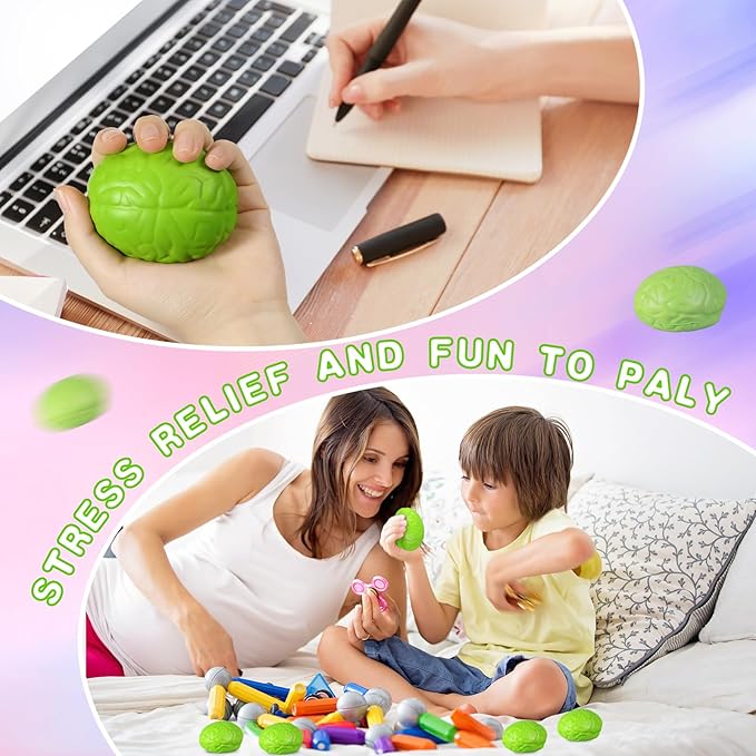 Leitee 12 Pcs Brain Stress Balls Bulk Large Halloween Brain Toys PU Hand Muscle Exercise Pressure Ball Funny Stress Relief Toy for Teens Adult Improving Grip Strength Prop(Green)