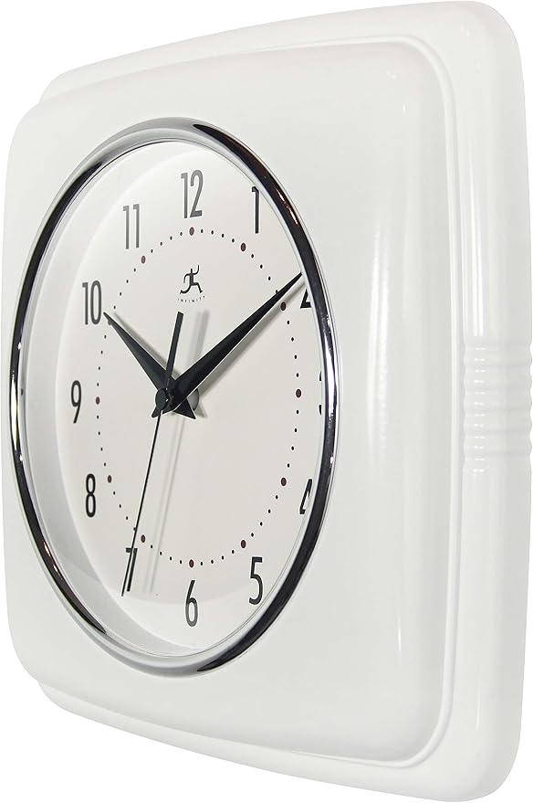 Infinity Instruments Retro – 9-Inch Square Silent Non-Ticking Mid-Century Modern Wall Clock – Vintage Decorative Timepiece for Kitchen, Office, or Diner – White