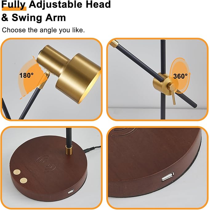 Adjustable Swing Arm Desk Lamp with Wireless Charger & USB Ports - Touch Control, 360° Flexible Metal Arm, Timer Function, Modern Office Lamp for Home Study, Bedroom, Reading (LED Bulb Included)