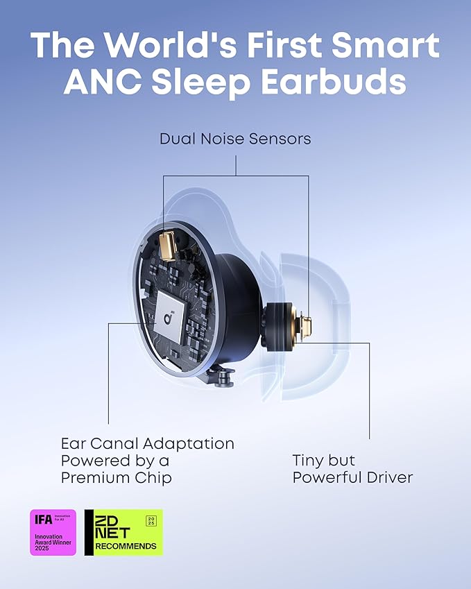 Soundcore Sleep A30 by Anker Sleep Earbuds, Smart Active Noise Cancelling Sleep Headphones, Adaptive Snore-Masking System, Ultra-Comfort for Side Sleepers, 45H Playtime